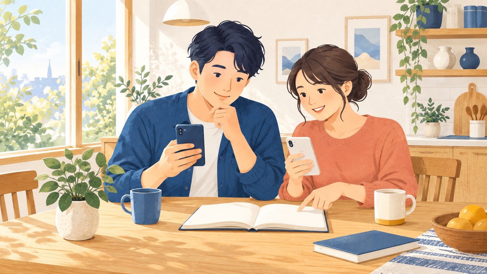 家でスマートフォンのプランを見比べる二人のイラスト