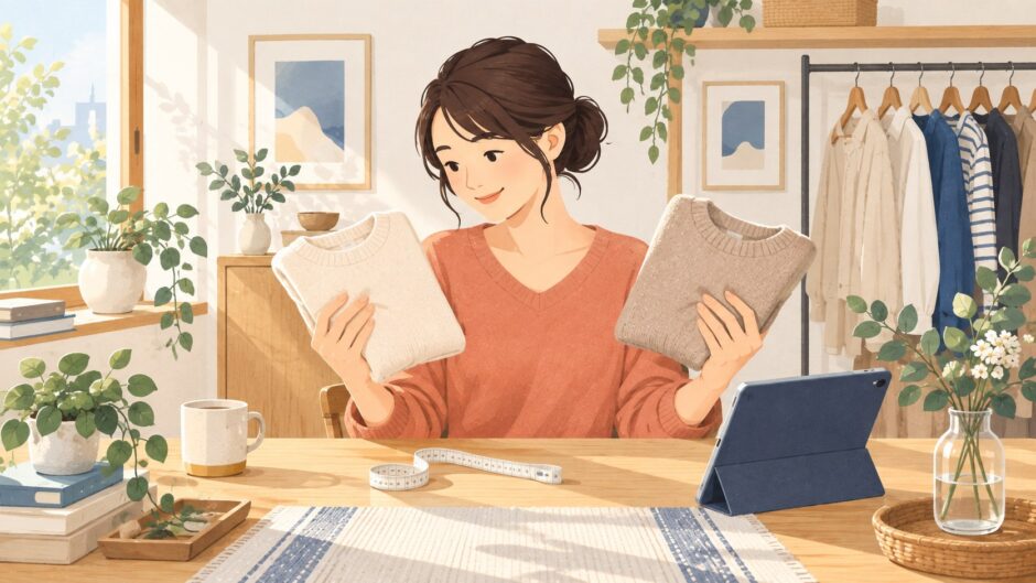 イラスト：服のサイズや素材を見比べる