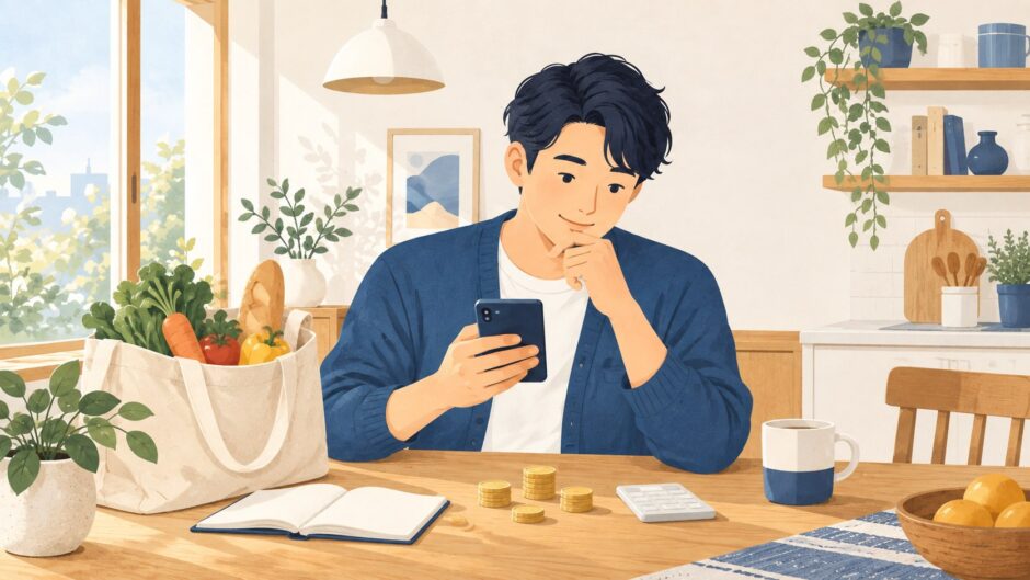 イラスト：スマホと買い物のポイントを考える