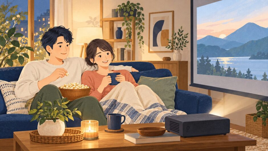イラスト：家で映画を楽しむ