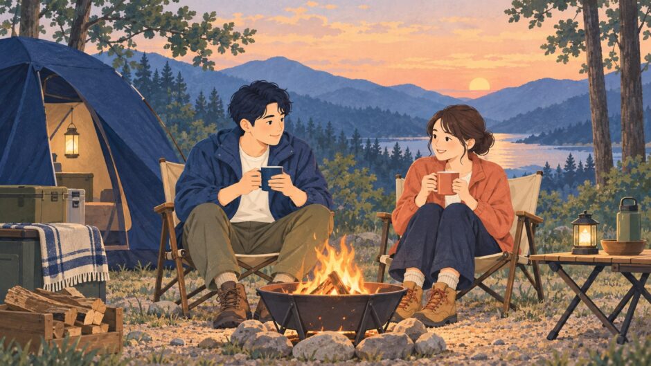 イラスト：キャンプと焚き火を楽しむ