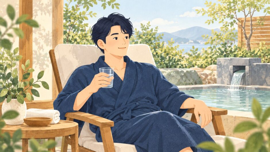 イラスト：サウナの後にひと息つく