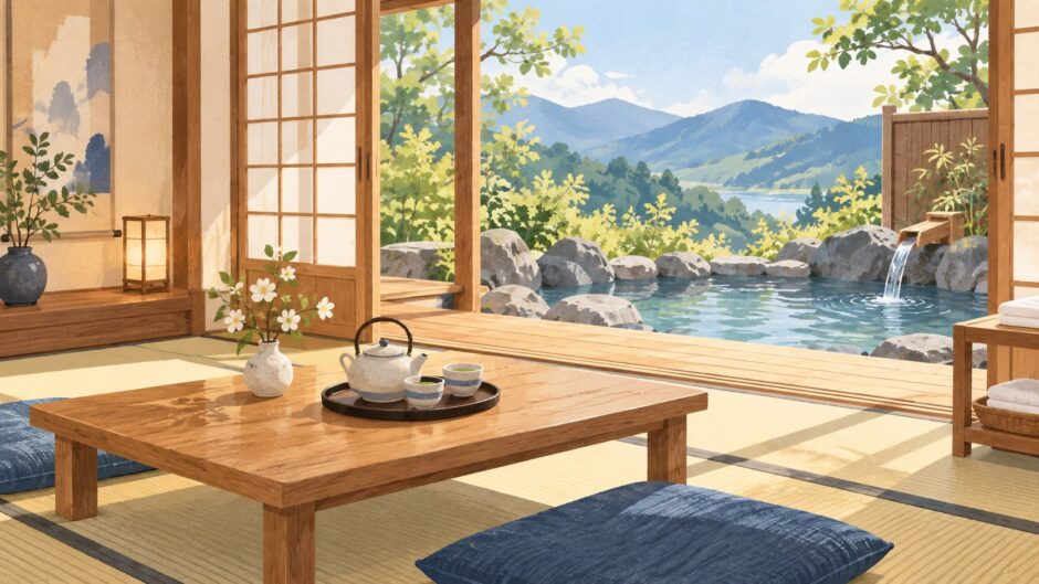 イラスト：温泉宿でくつろぐ