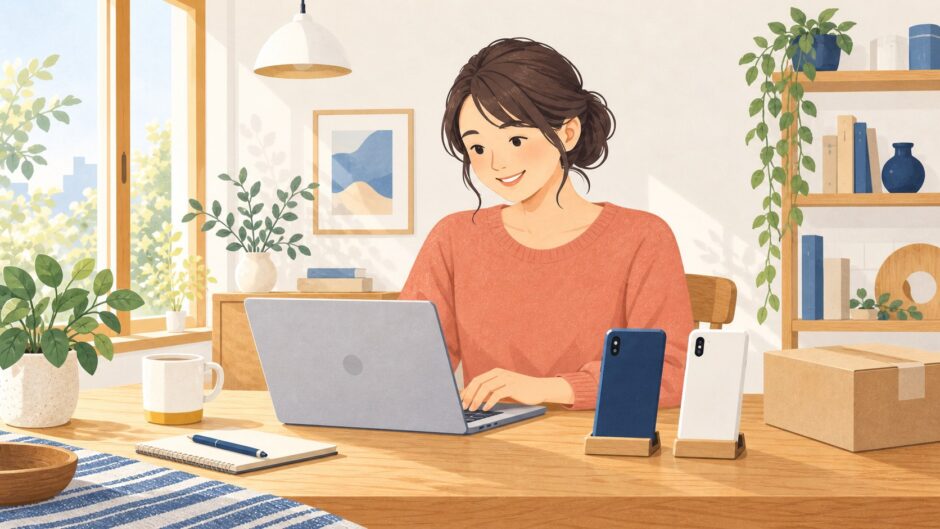 イラスト：オンラインでスマートフォンを選ぶ